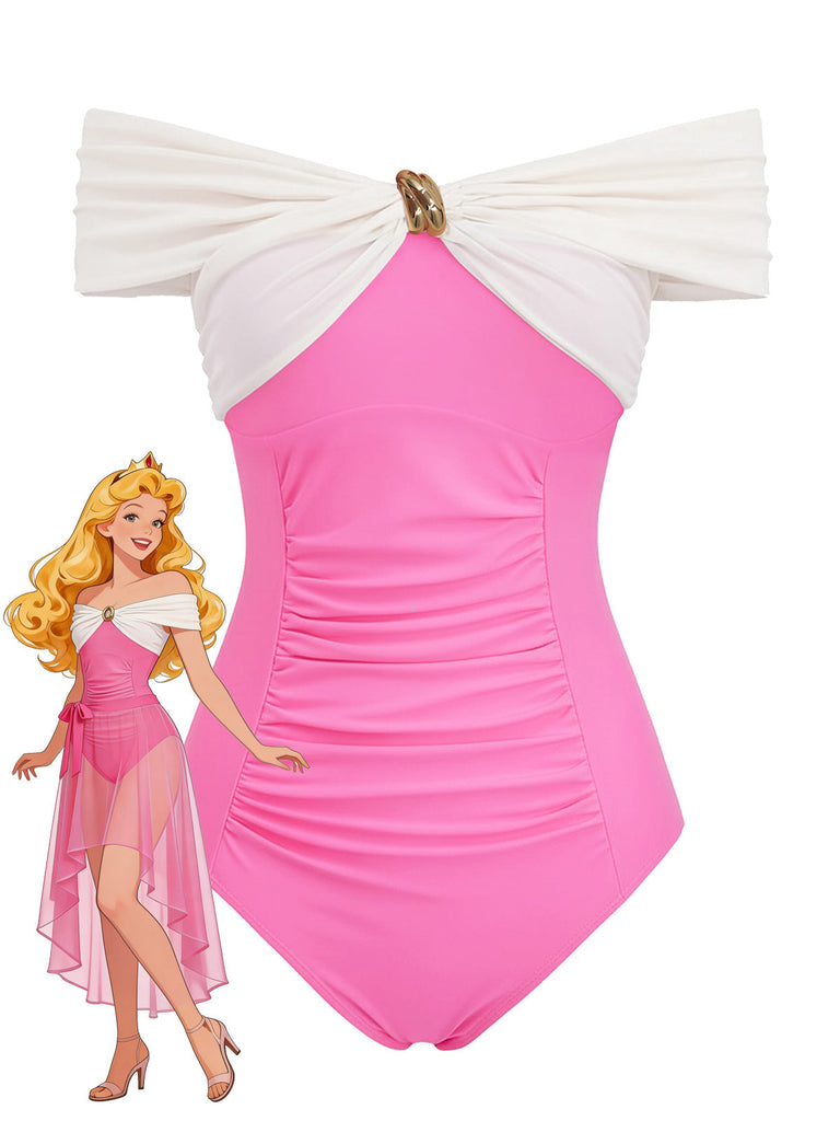 La princesse portait un maillot de bain rose pêche et un paréo en résille à la plage.