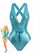 Un maillot de bain une pièce bleu sarcelle métallisé orné d'un motif texturé à imprimé serpent, d'un décolleté en V plongeant, de bretelles croisées et d'une ceinture assortie à nouer à la taille.