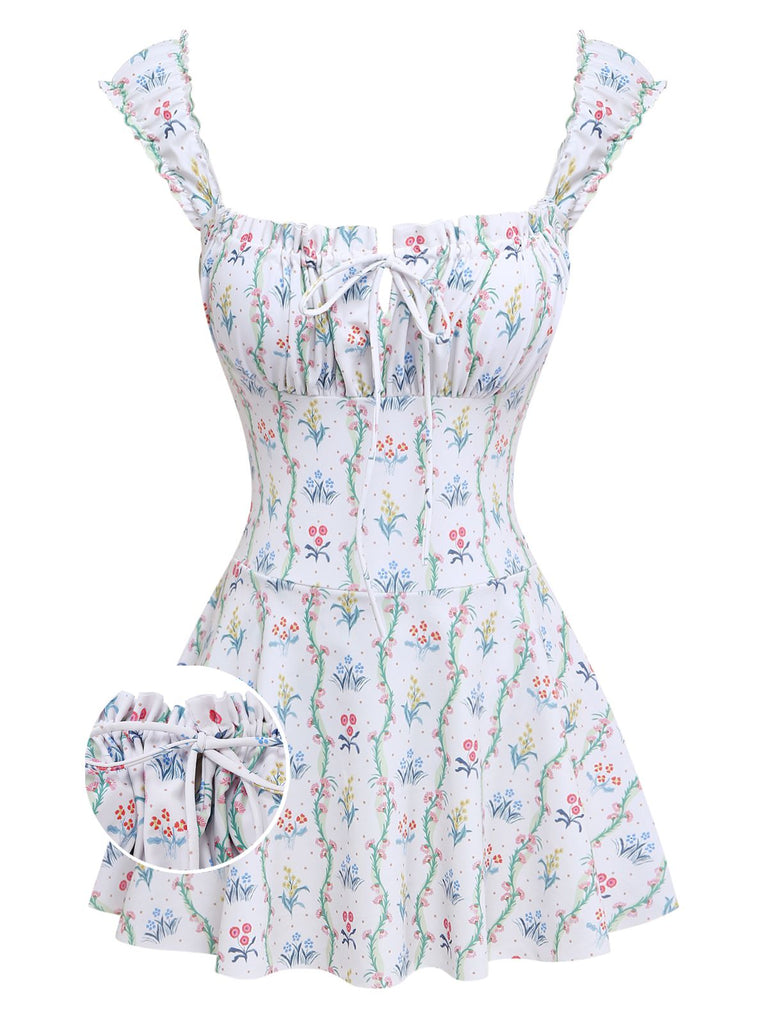 Maillot de bain volants fleurs carré blanc 1970s