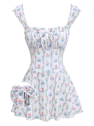 [Prévente] Maillot de bain volants fleurs carré blanc 1970s