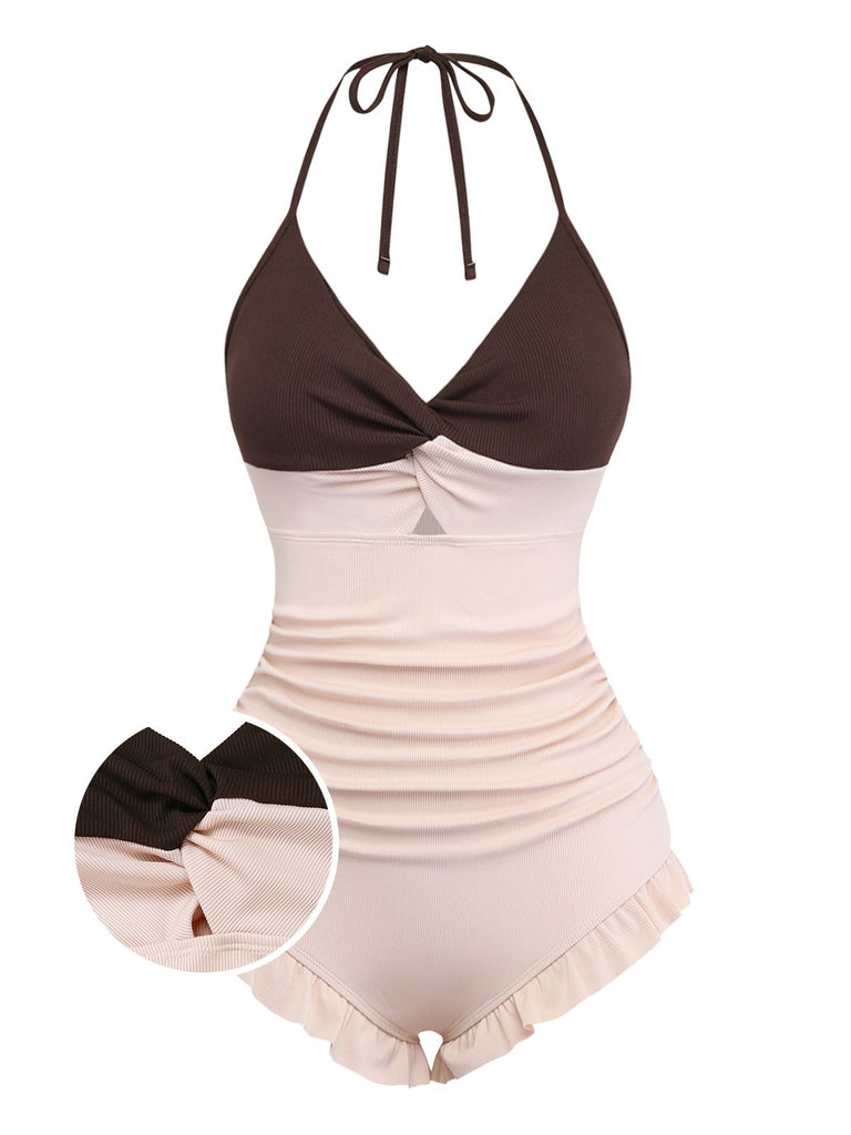 Maillot de bain taille haute volants rose