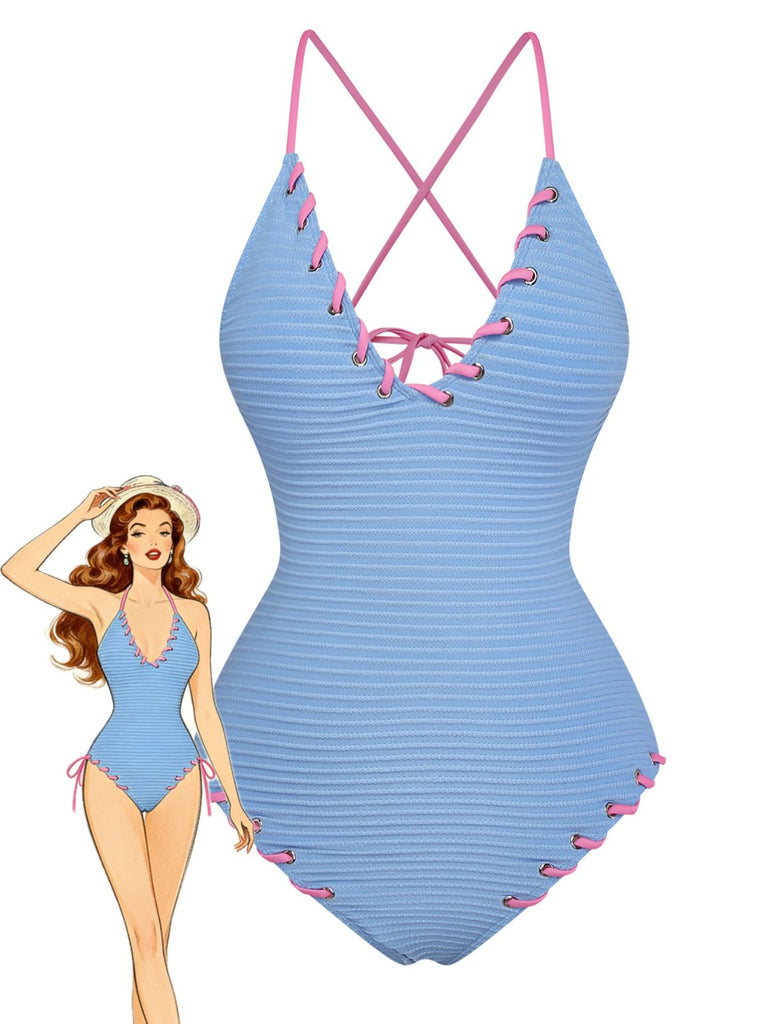 Maillot de bain une pièce bleu clair rayures lacé froncé 1950s