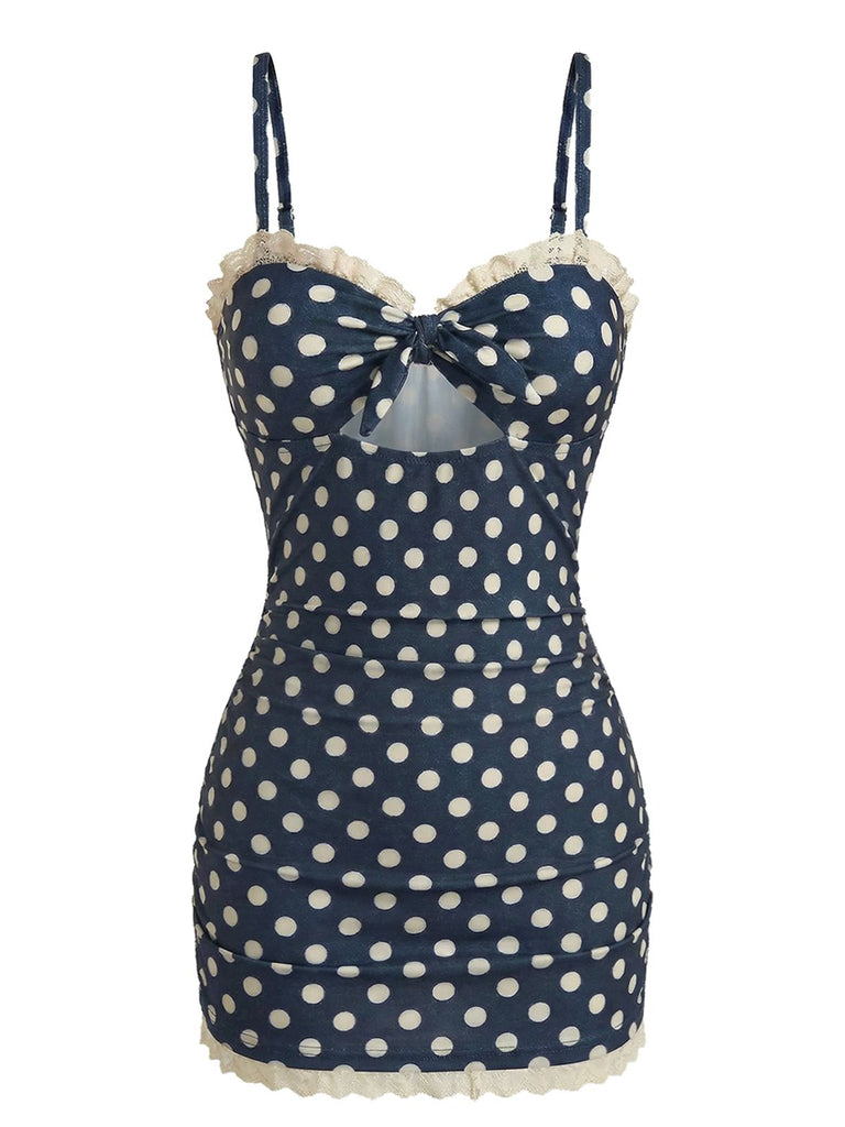 Maillot une pièce pois bleu marine volants froncés 1930s