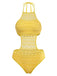 Un monokini jaune vif doté d'un haut dos nu à col montant, de superpositions de dentelle géométriques complexes et de découpes latérales.