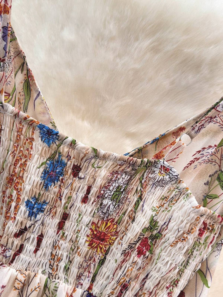 Close-up of a floral-patterned fabric with a soft beige background