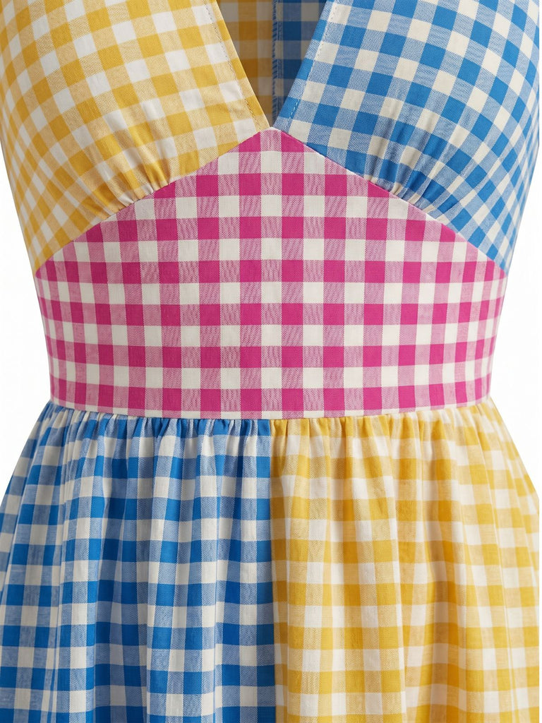 Robe Évasée Col V Patchwork à Carreaux Multicolore Années 1940