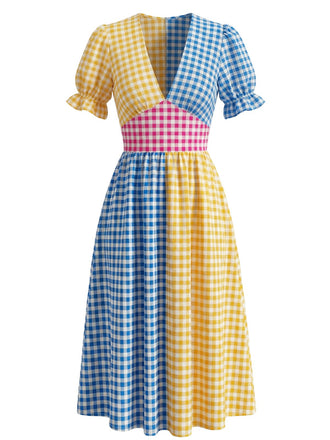 Robe Évasée Col V Patchwork à Carreaux Multicolore Années 1940