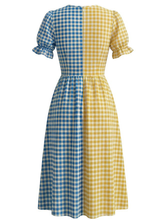 Robe Évasée Col V Patchwork à Carreaux Multicolore Années 1940