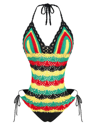 Maillot de Bain Une Pièce Crochet Halter Color Block Multicolore Années 1960