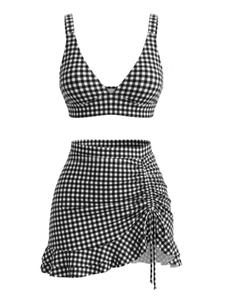 3PCS à Volants Ourlet à Carreaux Drawstring Ensemble Tankini Années 1950 5