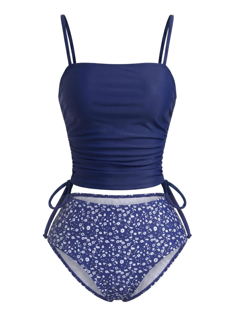 Ensemble Tankini Floral Cordon de Serrage Bleu Marine Années 1950 2