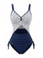 Maillot de bain une pièce bleu marine rayures nautiques volants et cordon serrage années 80