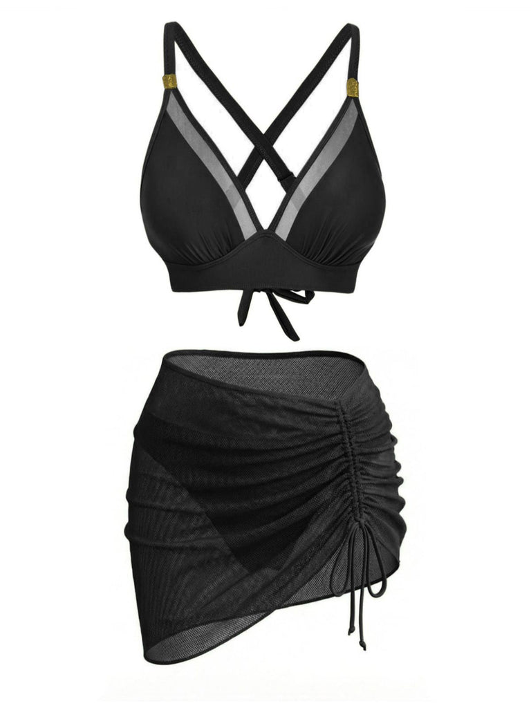 Devant : Ensemble bikini 3 pièces années 50 à boutons métalliques, style vintage élégant, parfait pour les passionnées de mode vintage.