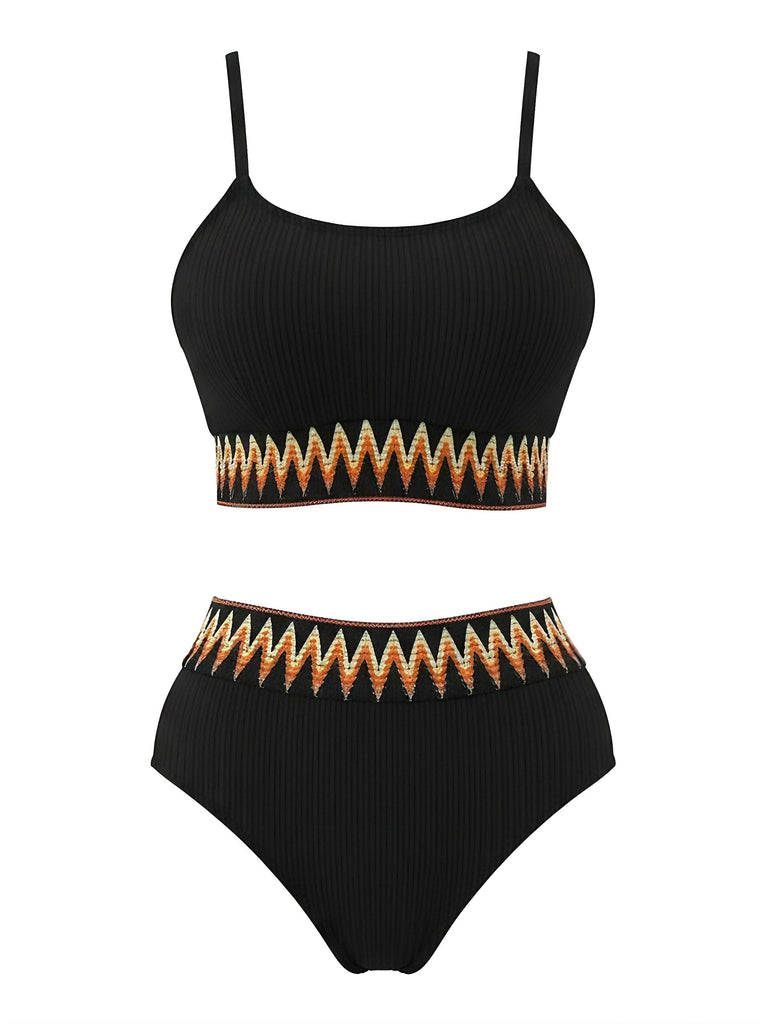 Bikini côtelé taille haute à motif zigzag années 1950