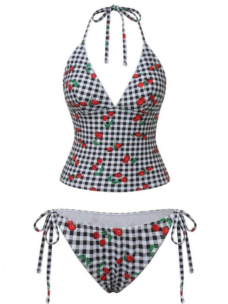 Bikini à carreaux avec motif cerises sur fond blanc