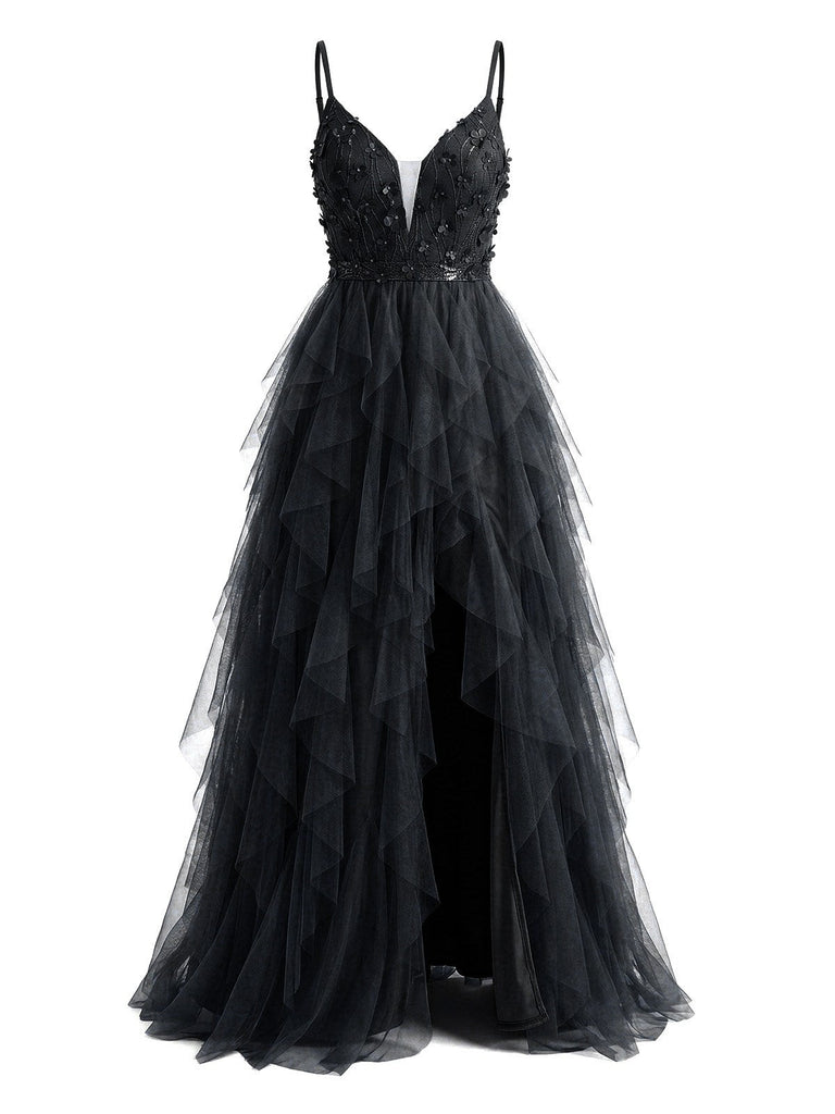 Robe de bal noire à volants, fente et tulle pailleté, style années 1930