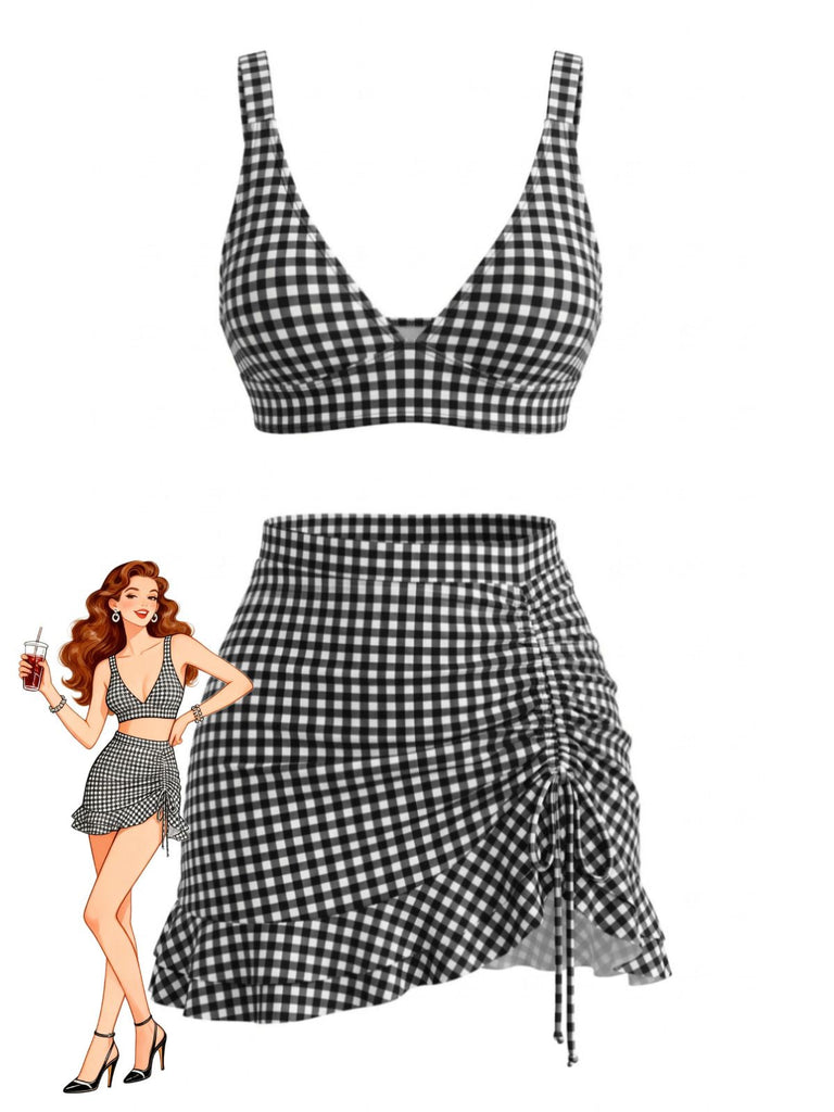 3PCS à Volants Ourlet à Carreaux Drawstring Ensemble Tankini Années 1950