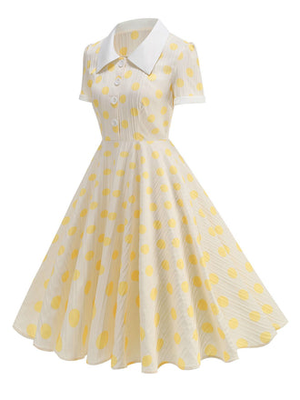 Robe beige à pois et boutons à revers des années 1950