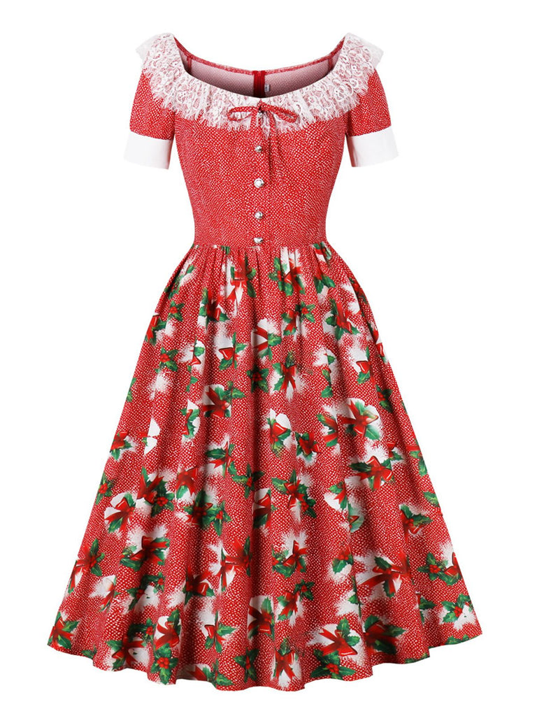 Robe rouge en dentelle à clochettes de Noël des années 1950