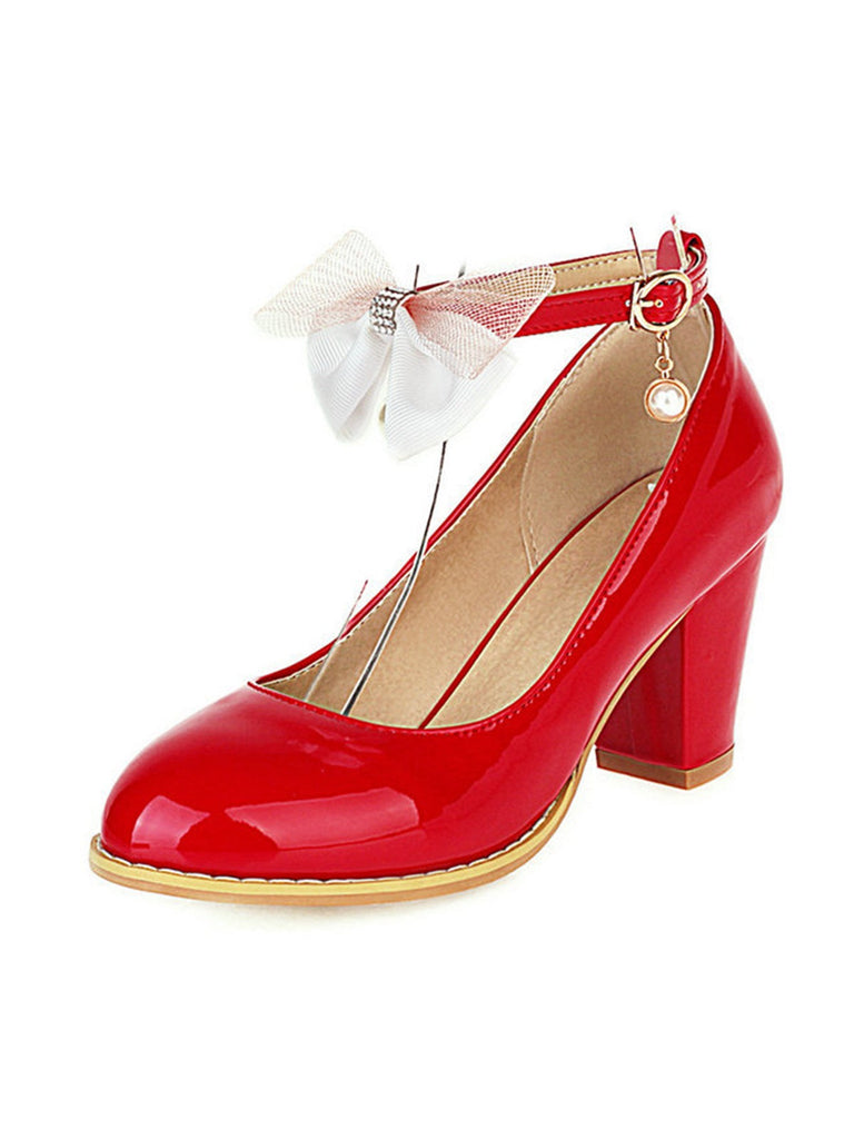 Escarpins à talons épais en cuir verni avec nœud Mary Jane