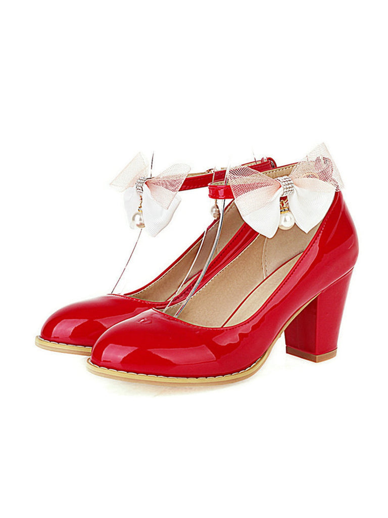Escarpins à talons épais en cuir verni avec nœud Mary Jane