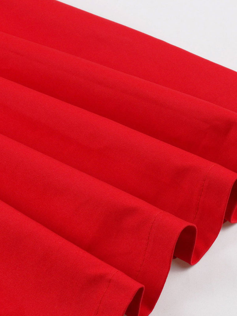 Robe rouge unie sans manches à col en V des années 1950