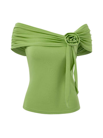 Haut uni à épaules dénudées décoration rose 3D des années 1960