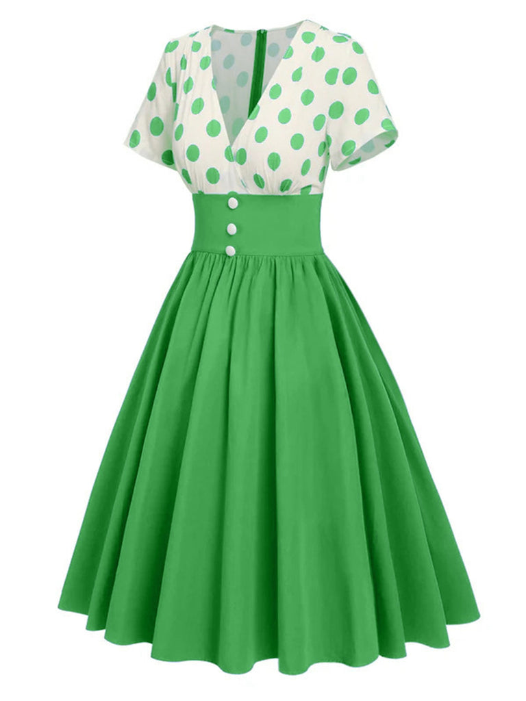 Robe trapèze à pois et col en V des années 1950