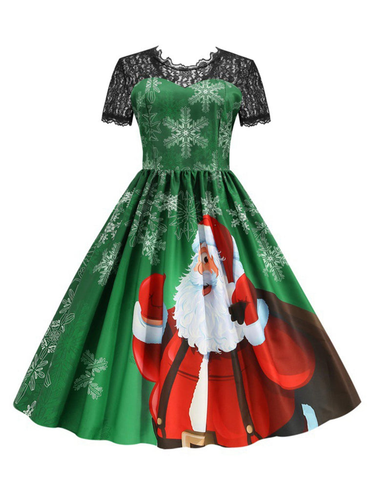 Robe patchwork en dentelle verte avec motif Père Noël des années 1950