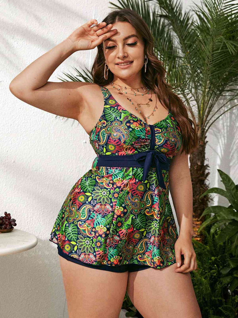 [Grande taille] Tankini vert à imprimé hippie avec nœud des années 1960