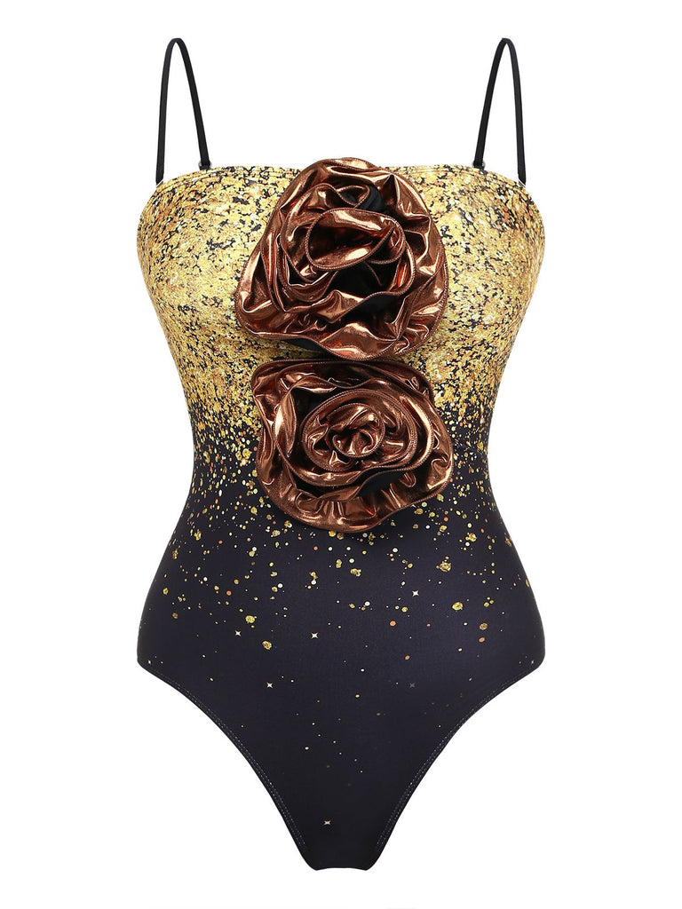 One-piece swimsuit with gold glitter and bronze rose embellishments on a white background