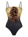 One-piece swimsuit with gold glitter and bronze rose embellishments on a white background
