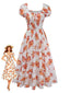 Robe orange motif floral manches bouffantes et détails smockés années 1940