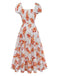 Robe à Manches Bouffantes Smockée Floral Orange Années 40