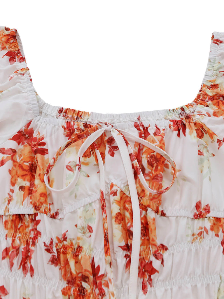 Robe à Manches Bouffantes Smockée Floral Orange Années 40