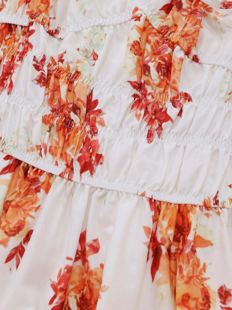 Robe à Manches Bouffantes Smockée Floral Orange Années 40