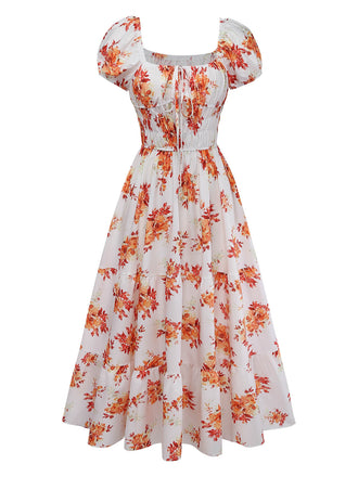 Robe à Manches Bouffantes Smockée Floral Orange Années 40