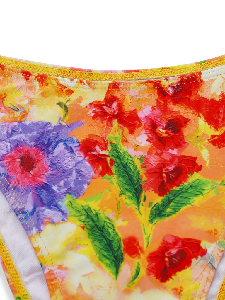 4PCS Orange Dos-Nu Florale Bikini & Résille Cache Maillot Ensemble Années 1960 7