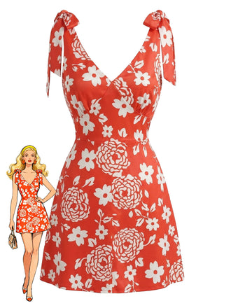 Mini Robe Col V Florale à Bretelles Nouées Orange Années 1970