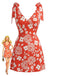 Mini Robe Col V Florale à Bretelles Nouées Orange Années 1970
