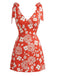 Mini Robe Col V Florale à Bretelles Nouées Orange Années 1970 2