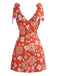 Mini Robe Col V Florale à Bretelles Nouées Orange Années 1970 3