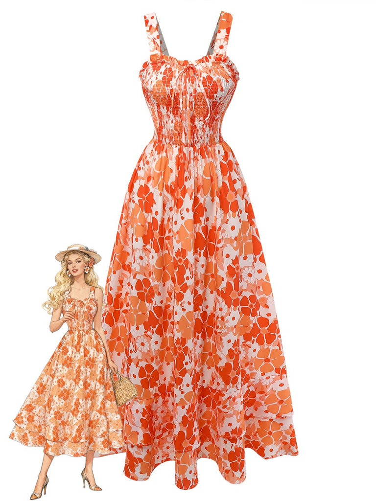 Robe fleurie orange et blanche portée par un mannequin sur fond blanc