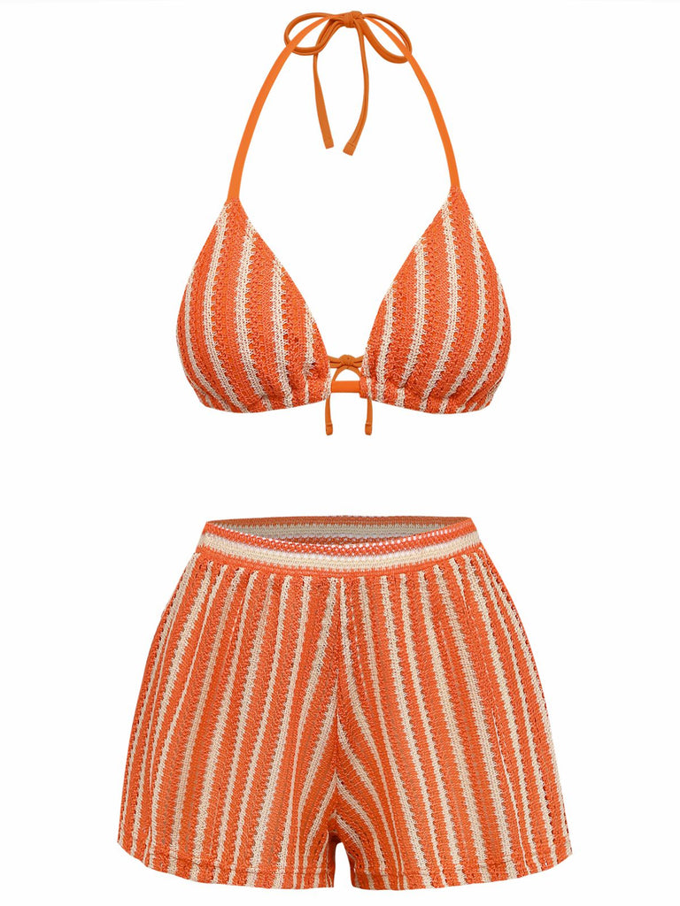 Orange and white striped bikini set on a white background