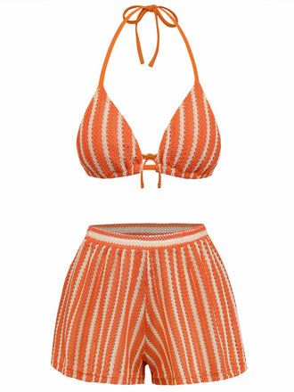Orange and white striped bikini set on a white background