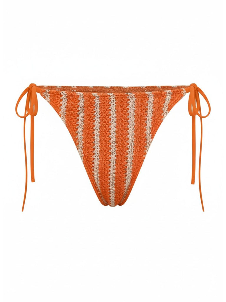 Orange and white striped bikini bottom with tie sides on a white background