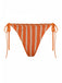 Orange and white striped bikini bottom with tie sides on a white background