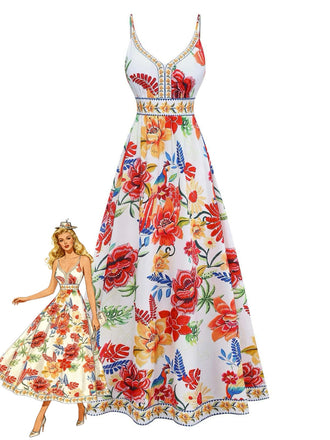Robe Maxi Sans Manches Col V Floral Multicolore Années 70
