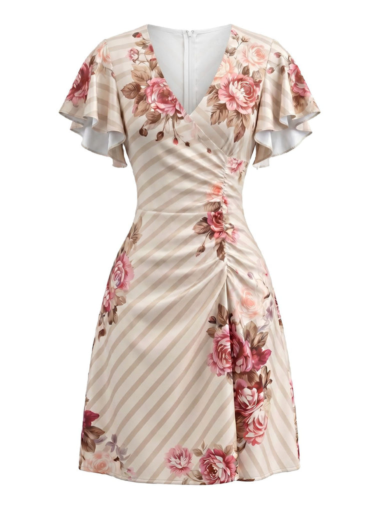 Robe Col V à Manches Volantées Satin Floral Rayé Années 60