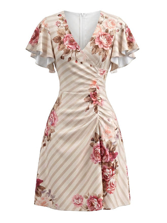 Robe Col V à Manches Volantées Satin Floral Rayé Années 60